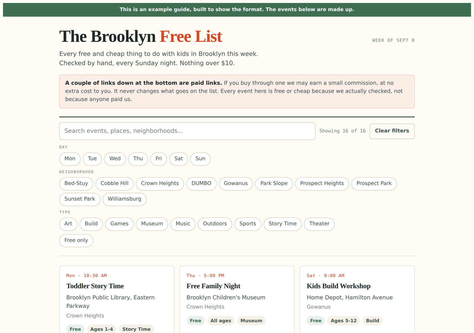 Screenshot of The Brooklyn Free List, an example neighborhood events guide with filters for day, neighborhood and type.